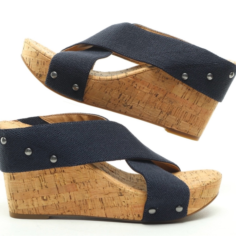 Blue and Tan Wedge Sandals with Cork Heel